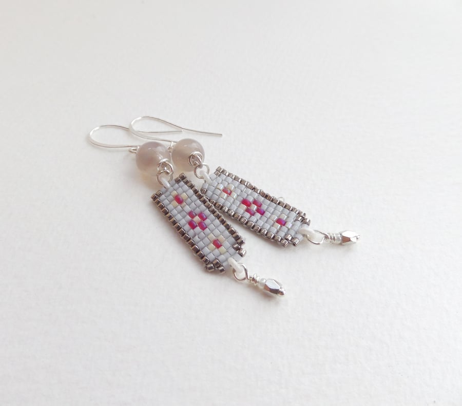 Chic Grey Stone and Beadwork Long Earrings Silver.
