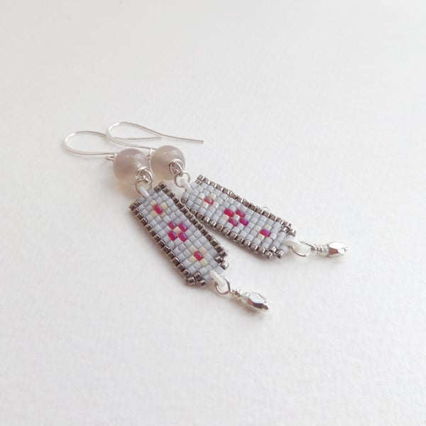Chic Grey Stone and Beadwork Long Earrings Silver.