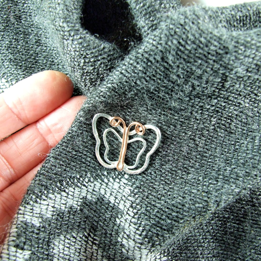 Butterfly Brooch. Copper and Sterling Silver Lapel or Shawl Pin 