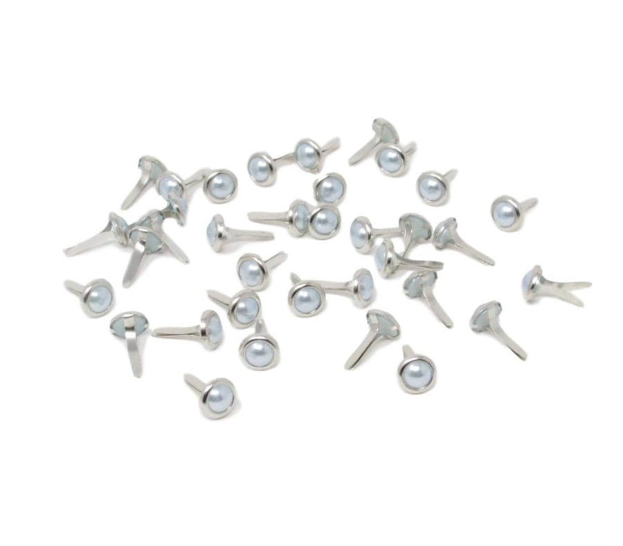 50 Round PEARL 8mm Brads For Crafts & Scrapbooking Light Blue With Silver Surrou