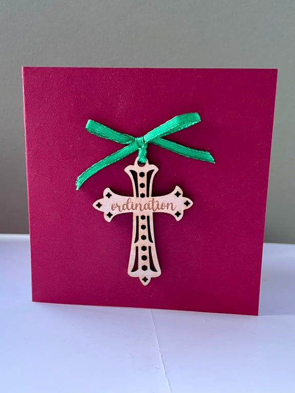 Blank card with detachable wooden 'ordination' cross decoration