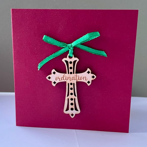 Blank card with detachable wooden 'ordination' cross decoration