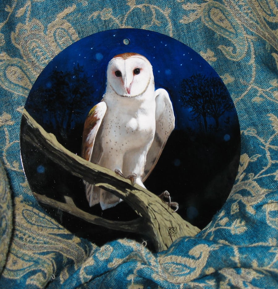 Mystical barn owl oil painting on round panel