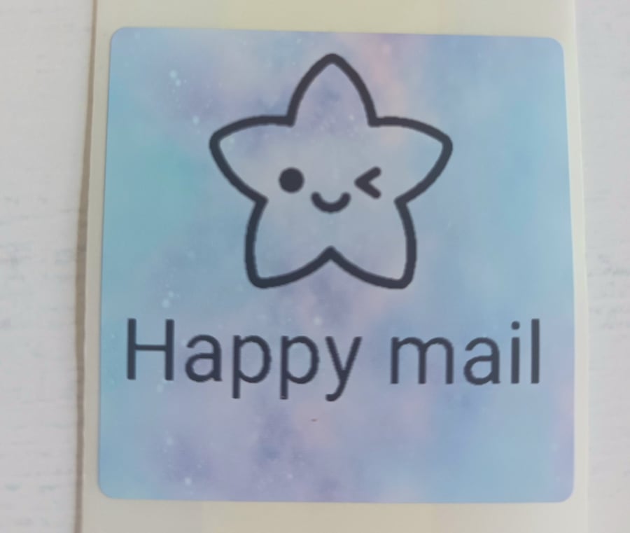 50 Thermal Printed 'Winking Star Happy Mail' postal stickers (lilac&blue)
