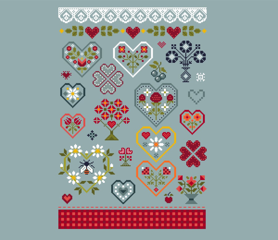 282 Cross stitch pattern Love Hearts and Roses, fruits and flowers Sampler 