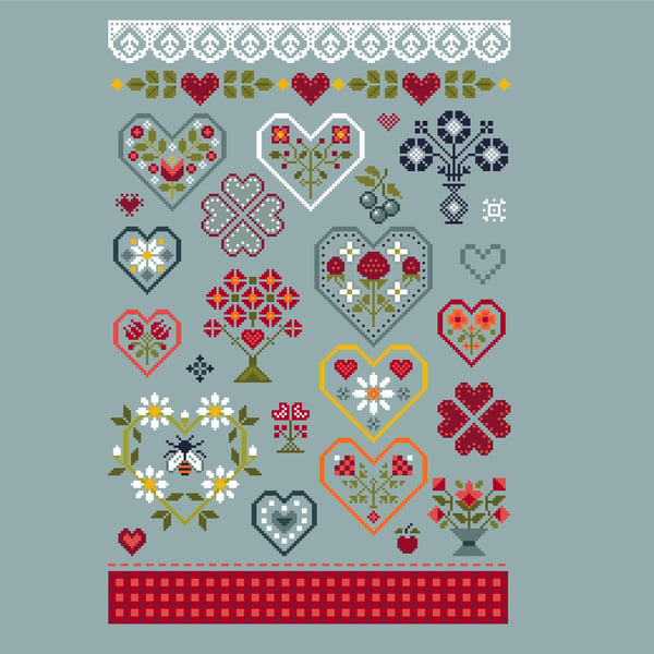 282 Cross stitch pattern Love Hearts and Roses, fruits and flowers Sampler 