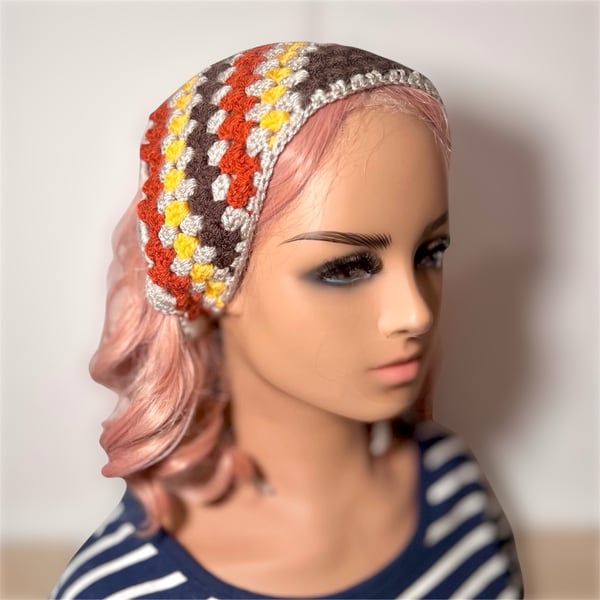 Rust & Brown Crochet Bandana  Earthy Handmade Headscarf - Cottagecore Gift
