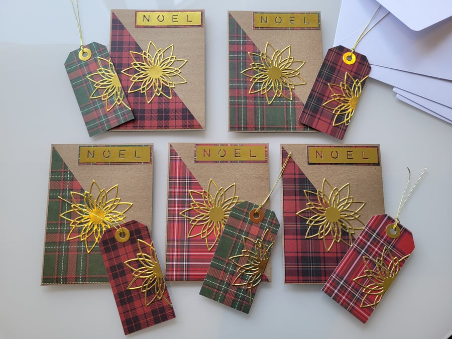 Tartan Noel Christmas Cards and Gift Tag Set - Pack of 5 Cards and Gift Tags