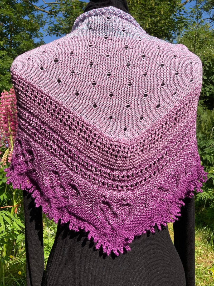 Shawl wrap cape hand knitted in a cotton mix umbre yarn, shades of pink purple