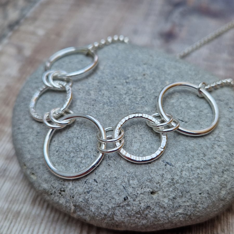 Sterling Silver Circle Link Textured Statement Chain Necklace