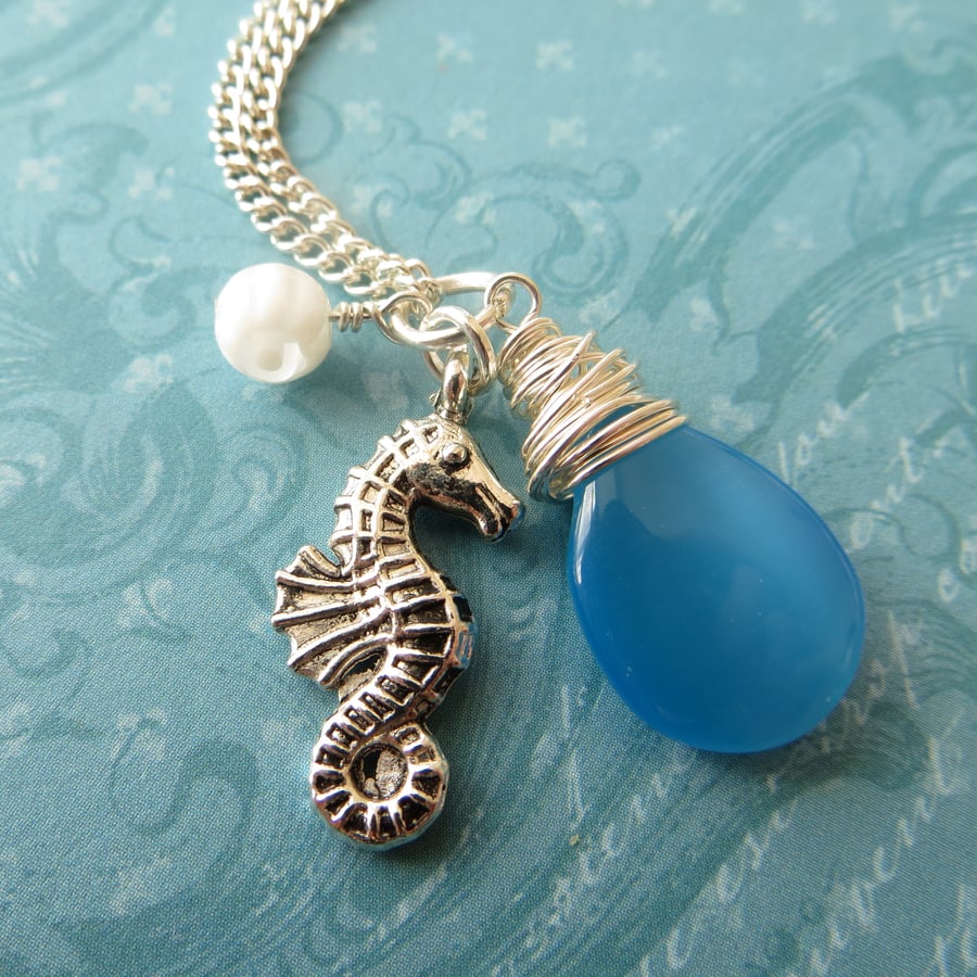 Seahorse Necklace, Turquoise and White Glass, Cluster Necklace, Ocean Jewellery