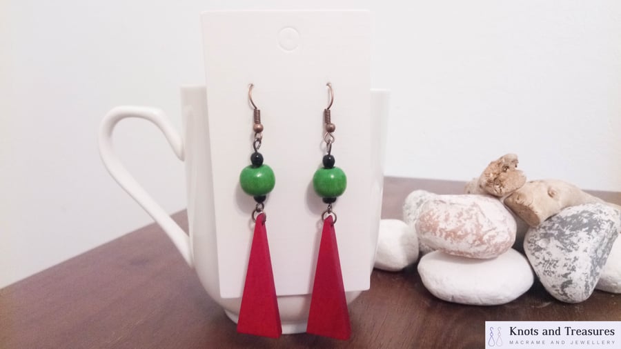 Green Bead and Red Isosceles Triangle Wooden Earrings