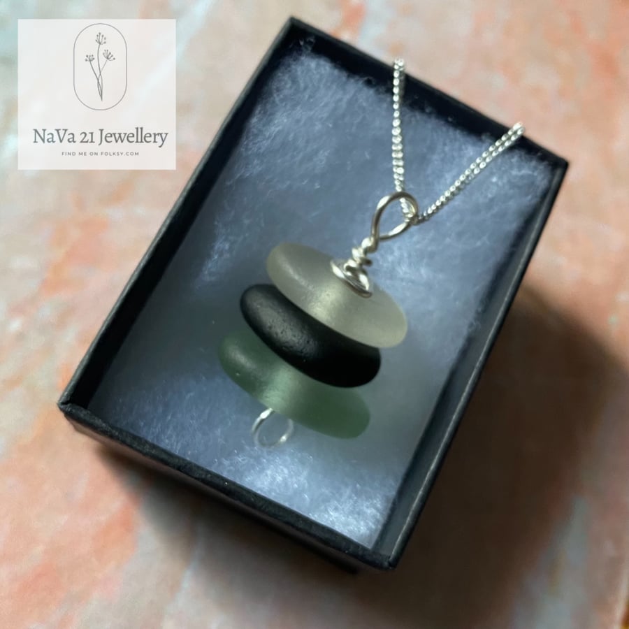 Green, Brown, Stacked Seaglass pendant REF:SS03