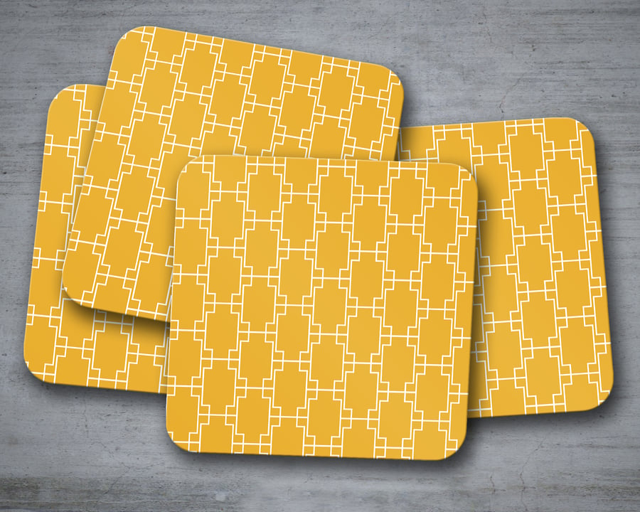 Set of 4 Yellow with White Geometric Squares Design Coasters