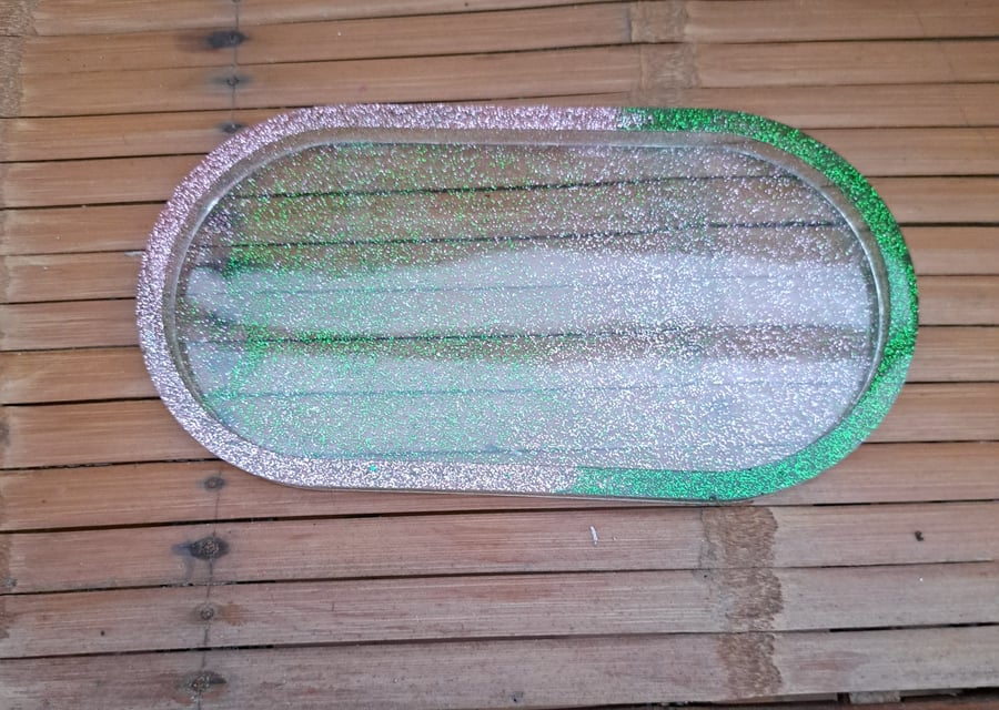 Wicked inspired tray, trinket dish, sparkly, pink and green