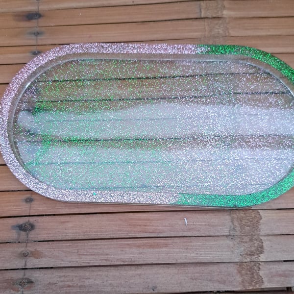 Wicked inspired tray, trinket dish, sparkly, pink and green