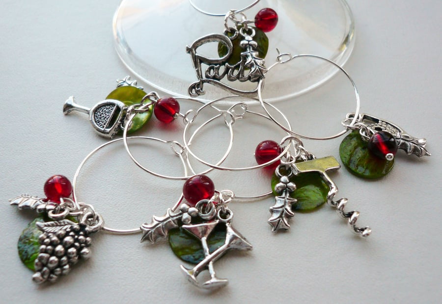 Christmas Holly Party Themed Wine Glass Charms  KCJWG1222