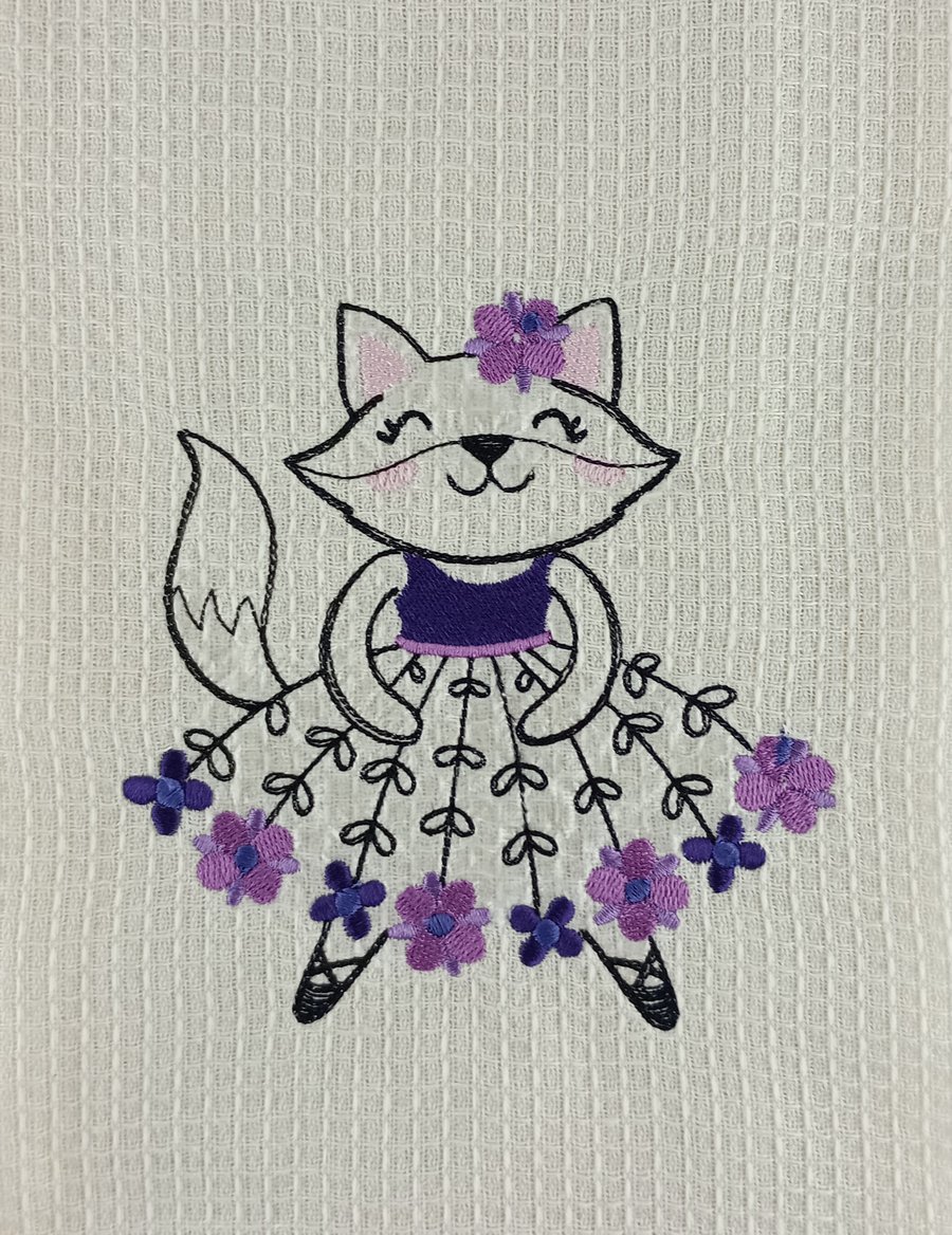 Cute ballerina fox embroidered on a cream waffle tea towel