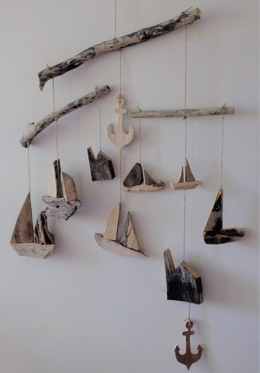 Driftwood mobile with Cornish tin mines sailing boats anchors reclaimed wood