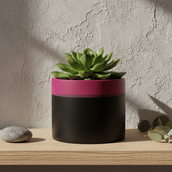 Large 15cm Round Black and Fuchsia Pink Two Tone Plant Pot