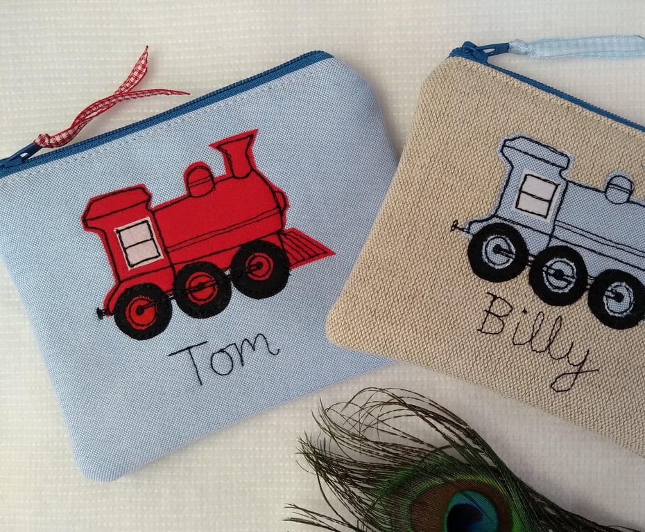 Personalised Train Purse Wallet Pouch - Blue or Red Fabric - Customisable