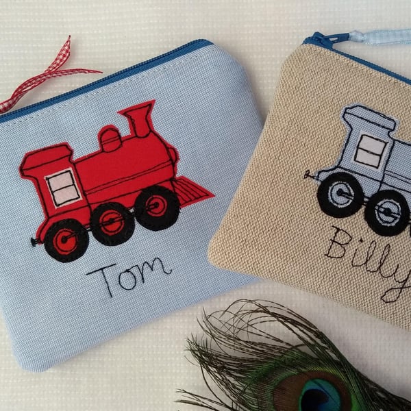 Personalised Train Purse Wallet Pouch - Blue or Red Fabric - Customisable