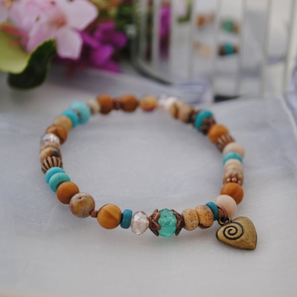 Picture jasper & turquoise heart stretch bracelet 