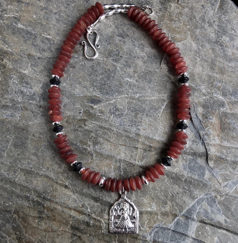 Hindu silver amulet - carnelian - ethnic pendant necklace - dark orange red