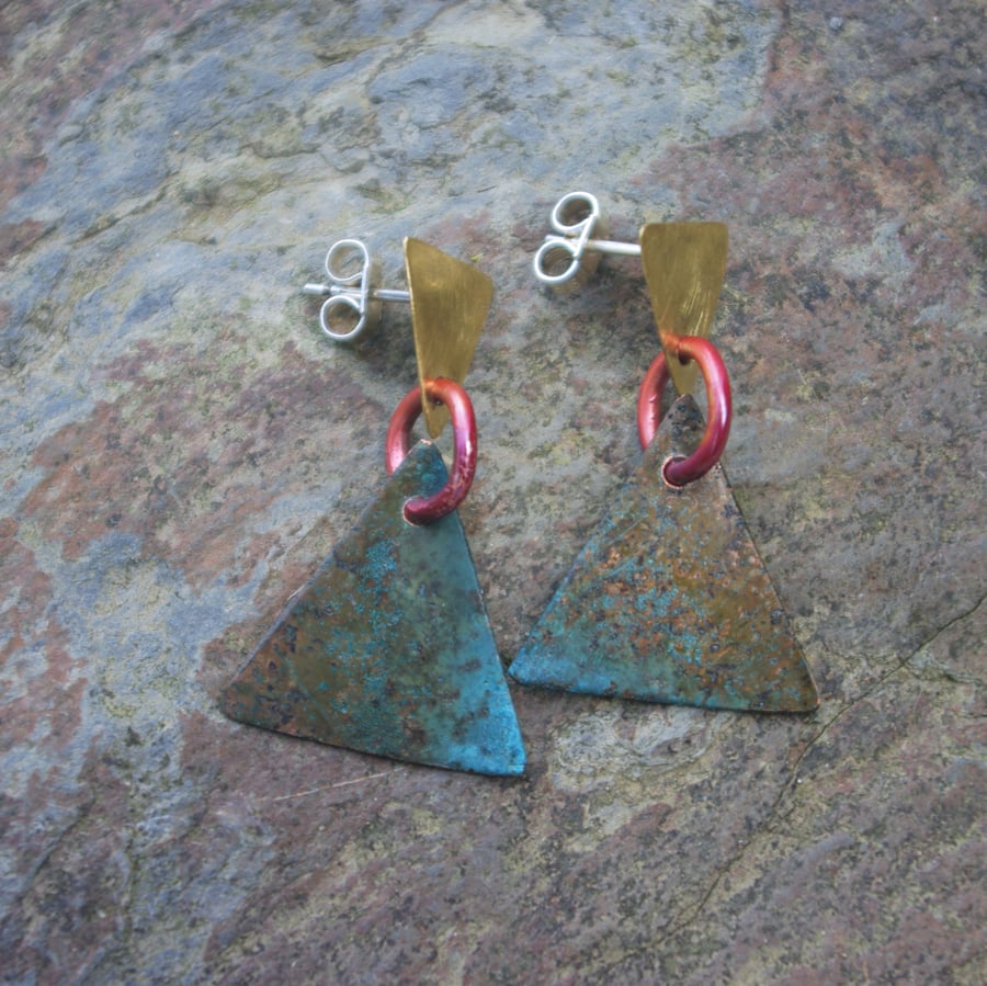 Verdigris Triangle And Brass Triangle Dangle Earrings