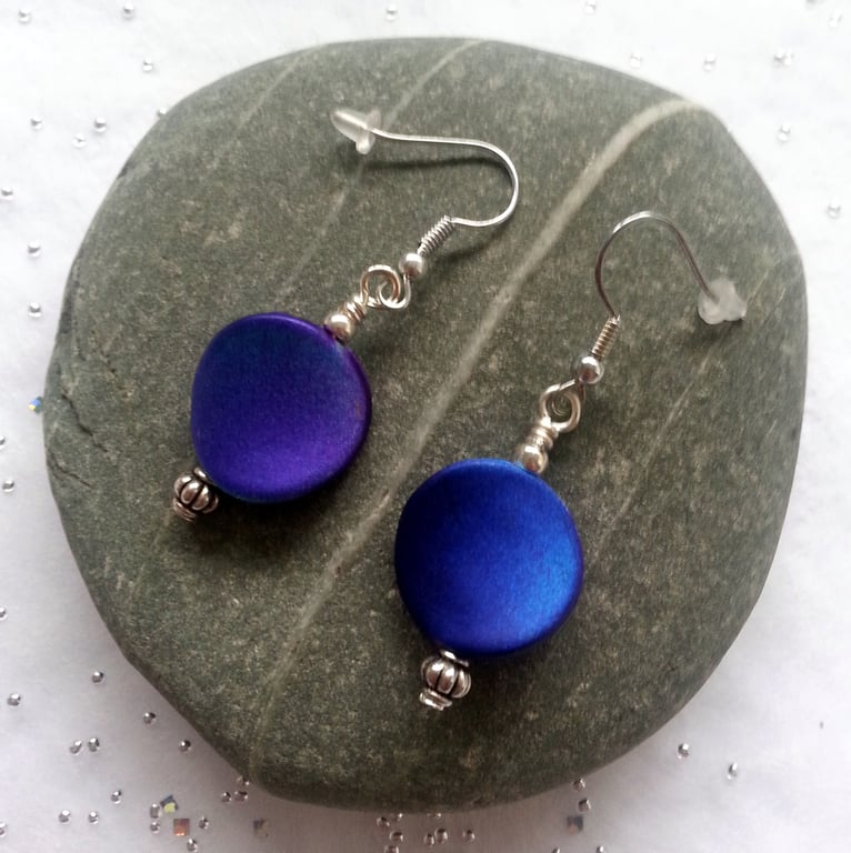 Purple and Blue Disc Bead Earrings - Colourful Drop Earrings
