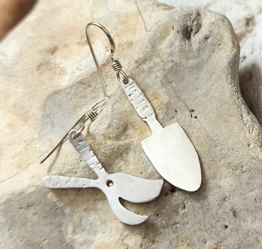 Trowel and secateur earrings in sterling silver