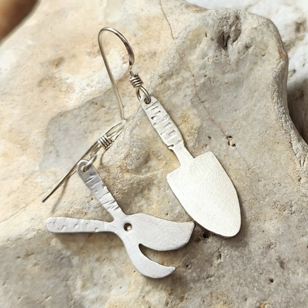 Trowel and secateur earrings in sterling silver