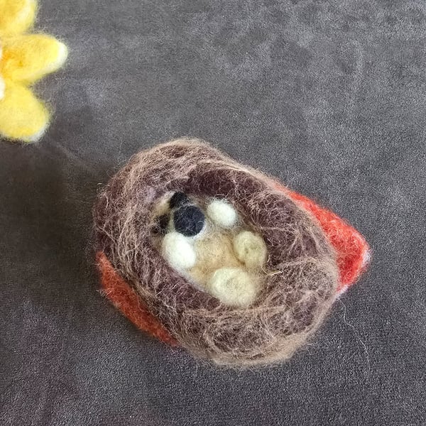 Needle felt Hedgehog on a leaf