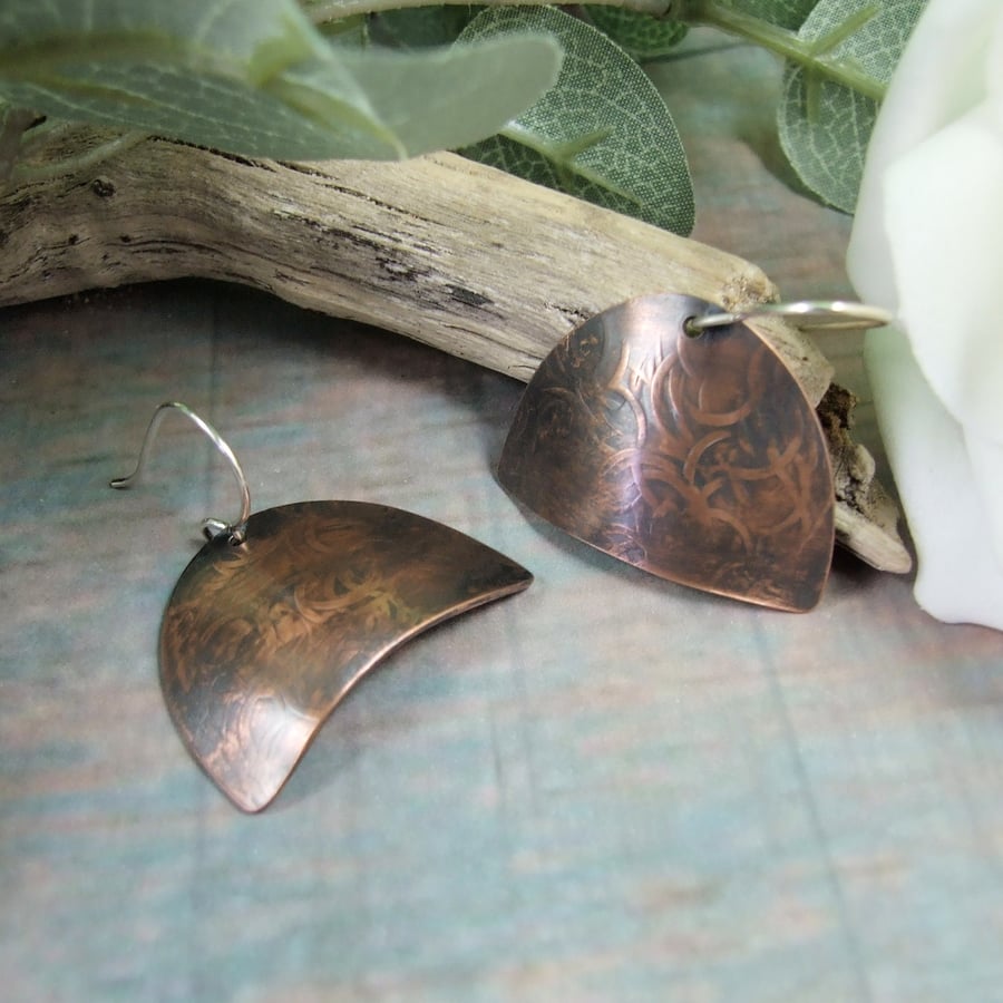 Earrings, Sterling Silver and Circles Patterned Copper Half Circle Droppers