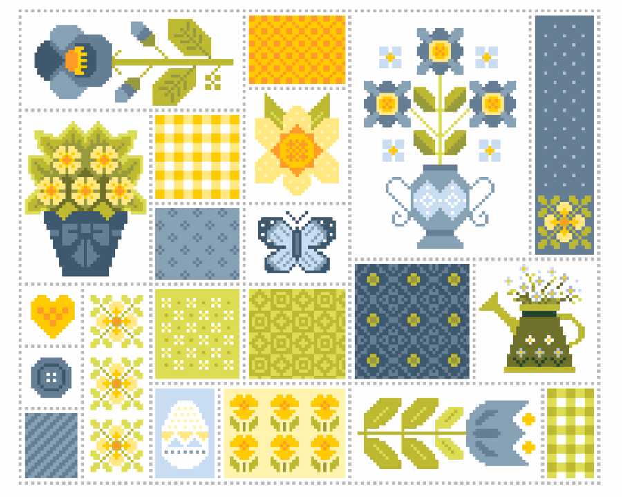 108A - Cross Stitch Patchwork Quilt Flowers and fabric pattern squares, Seasons 