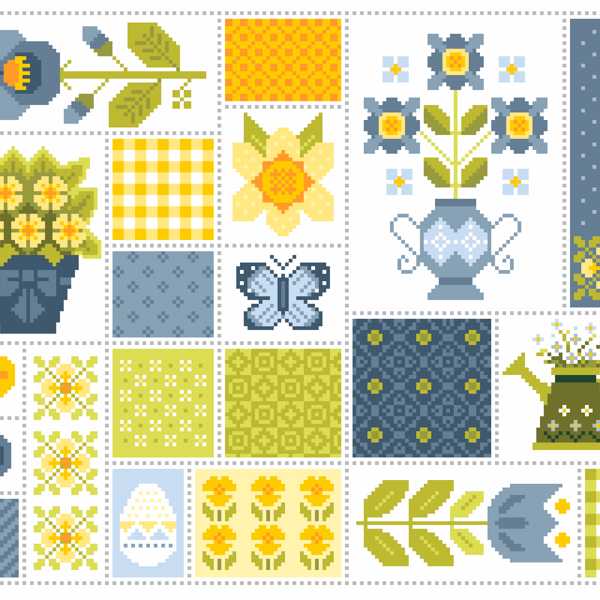 108A - Cross Stitch Patchwork Quilt Flowers and fabric pattern squares, Seasons 