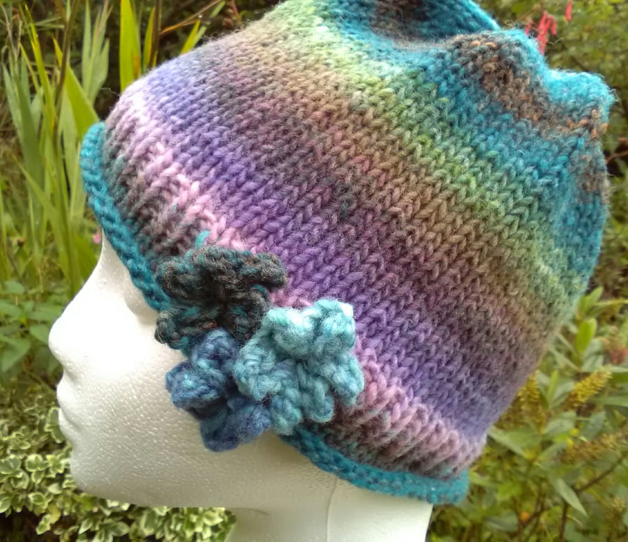 Handknit Noro 3-flowered Roll up Beanie Hat 100% wool Wisteria pastels Medium