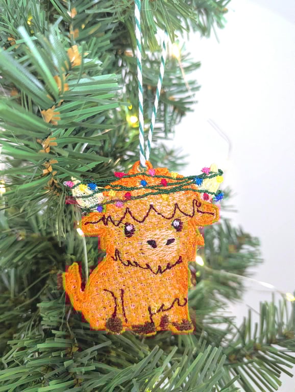 Embroidered hanging Highland cow Christmas decorations, machine embroidery