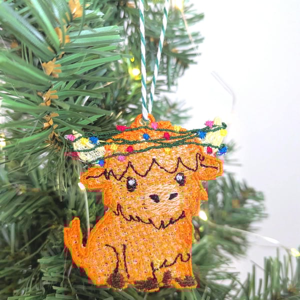 Embroidered hanging Highland cow Christmas decorations, machine embroidery