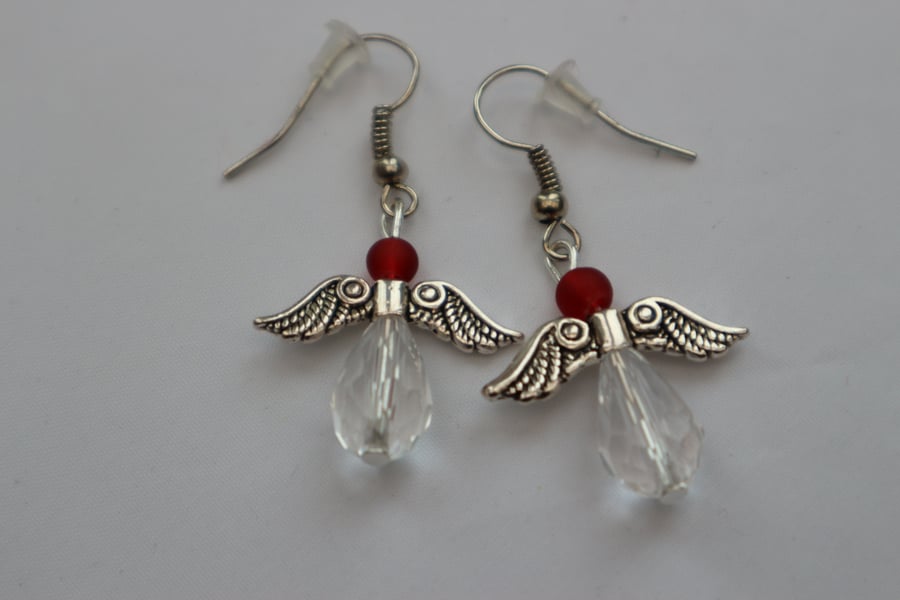 Silver plated beaded earrings- silver Christmas angel red and clear