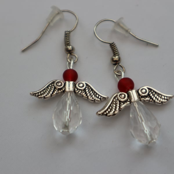 Silver plated beaded earrings- silver Christmas angel red and clear