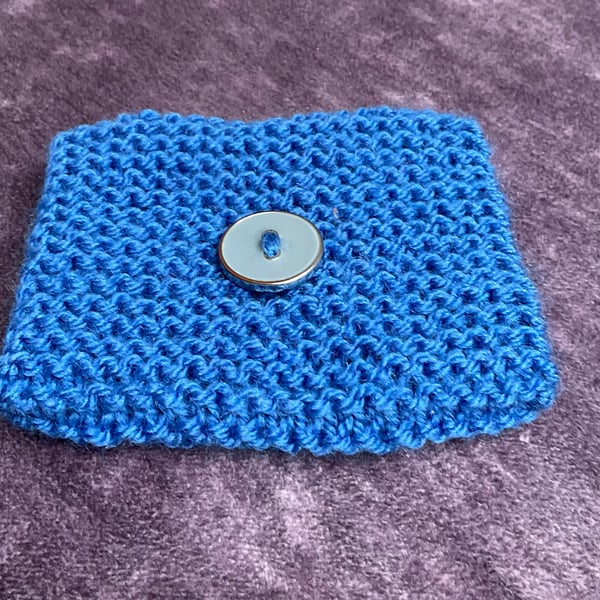 Cup Cosy Hand knitted in Blue with Decorative Button 