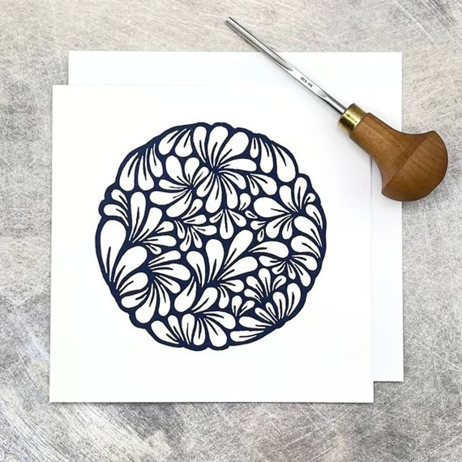 Circle of Mussel Shells Lino Print Card, Blank Inside For Your Own Message