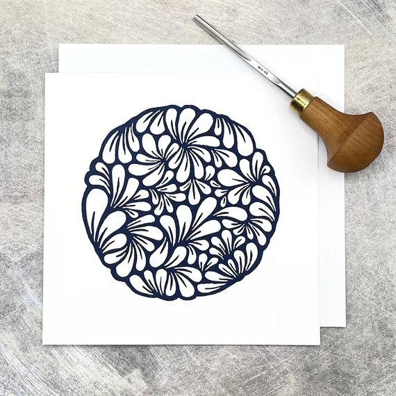 Circle of Mussel Shells Lino Print Card, Blank Inside For Your Own Message