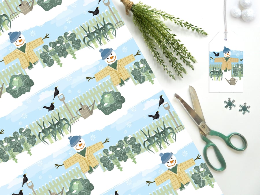 Winter Allotment Snowman Christmas Gift Wrap - Eco Friendly, Compostable Paper