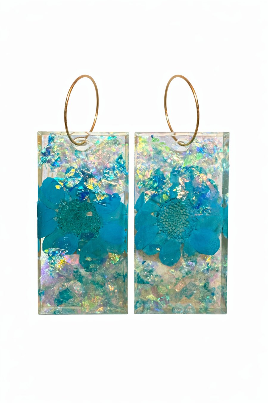 Blue Flower Resin Earrings with Iridescent Shards – Rectangle Dangle