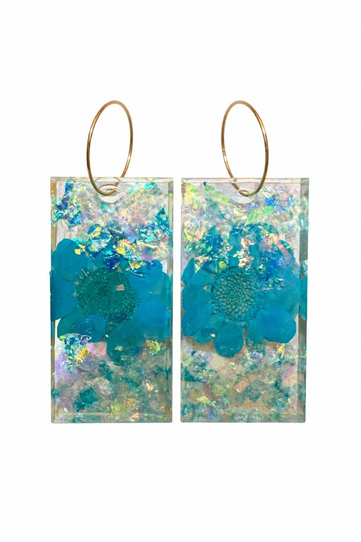 Blue Flower Resin Earrings with Iridescent Shards – Rectangle Dangle