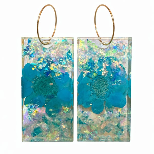 Blue Flower Resin Earrings with Iridescent Shards – Rectangle Dangle