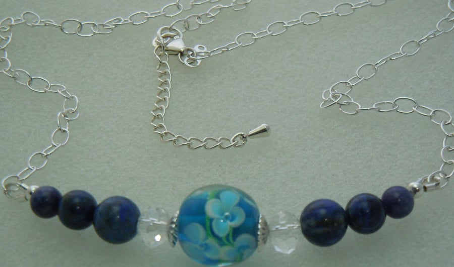 Sterling silver Lampwork glass bead, Lapis Lazuli & Swarovski crystal necklace