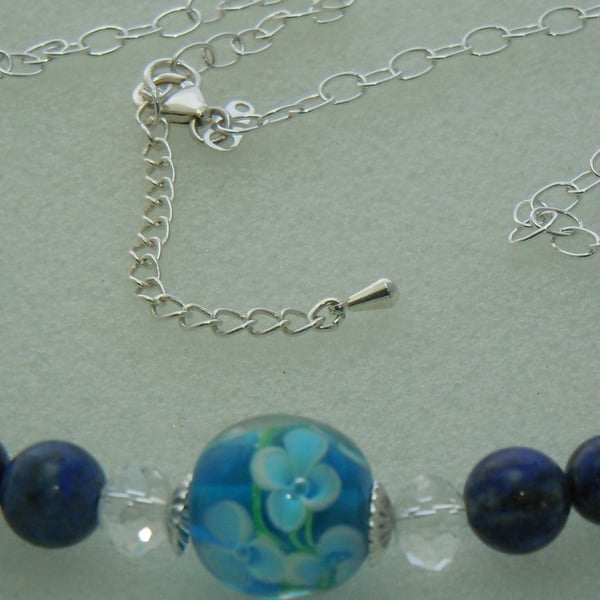 Sterling silver Lampwork glass bead, Lapis Lazuli & Swarovski crystal necklace